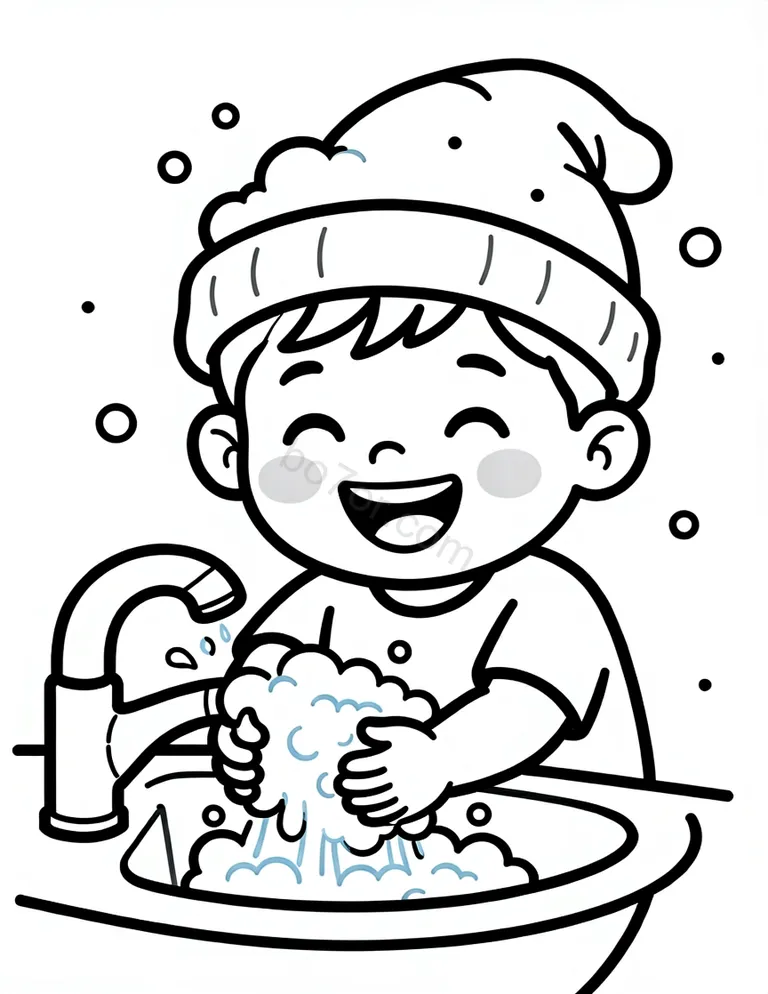 child face washing with foam hat