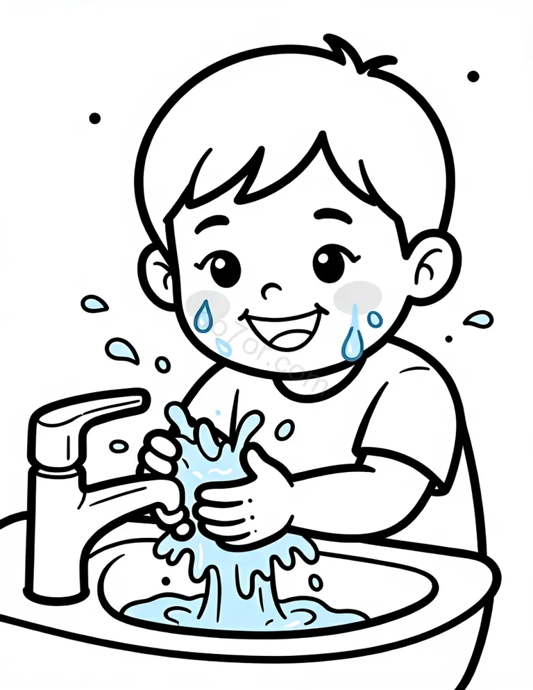 child face washing with water drops