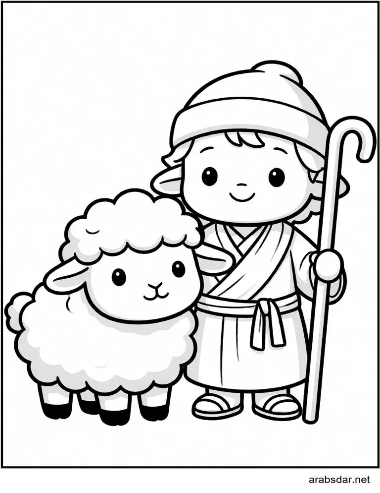 ورقة طباعة مجانية لصورة تلوين خروف مع راعي بصيغة PDF